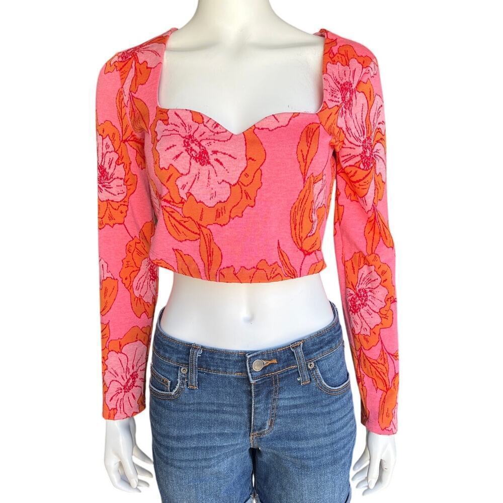 Zara Pink Orange Floral Jacquard Long Sleeve Crop Top Square Neck Size Large - Picture 2 of 7